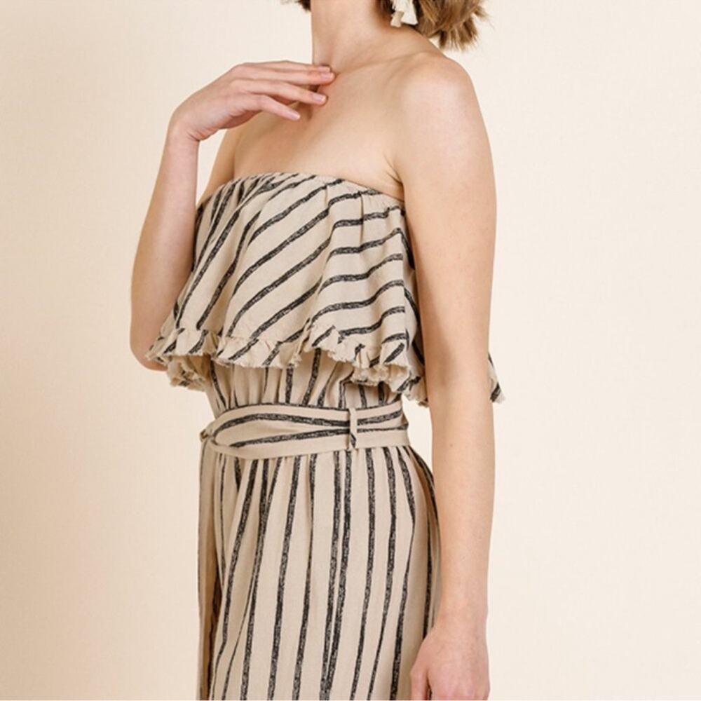 Umgee Beige and Black Striped Strapless Romper - Picture 2 of 8